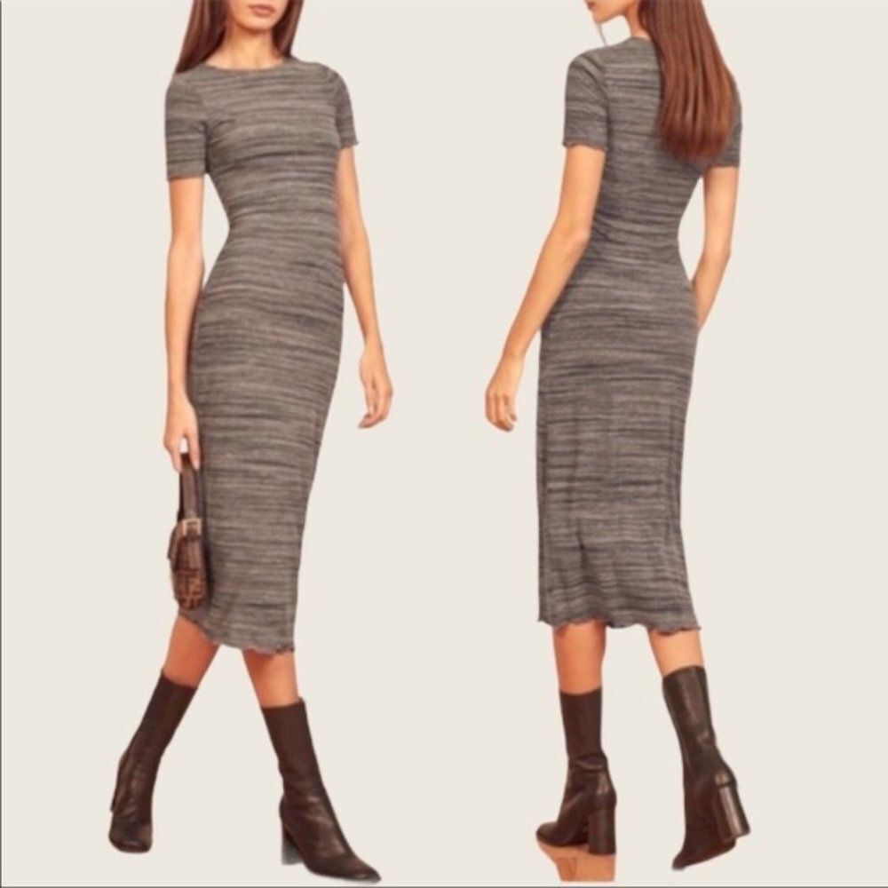 REFORMATION Jeans Perry Charcoal Stretchy Midi Dress Short Sleeve Lettuce Hem
